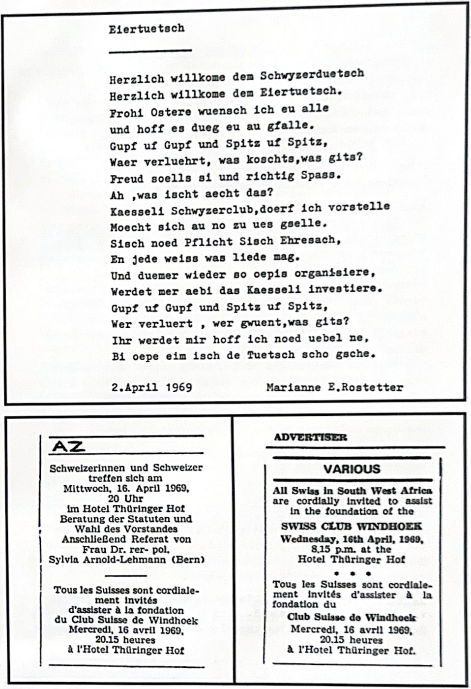 2 April 1969: the first gathering, and the founding notices in German, English and French · Chronicle 1994, p. 7