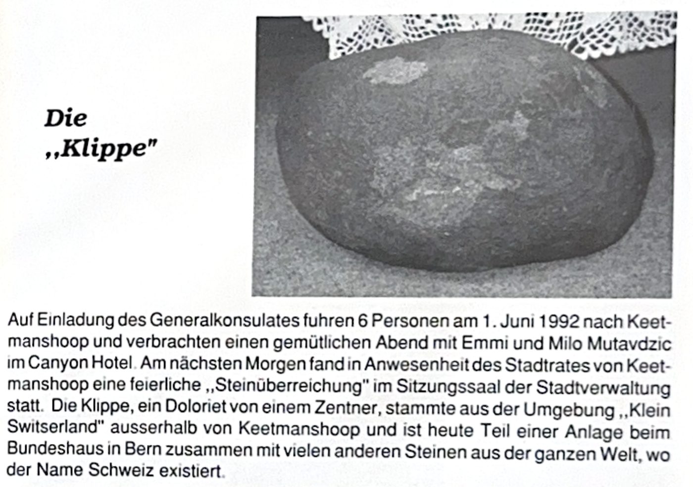 The “Klippe”, the stone from Klein Switserland · Chronicle 1994, p. 35